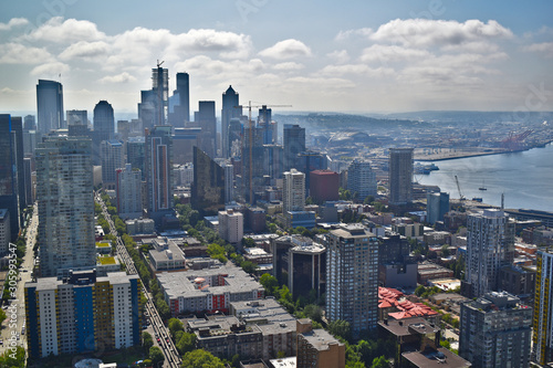 Downtown Seattle aerial view and Elliot Bay