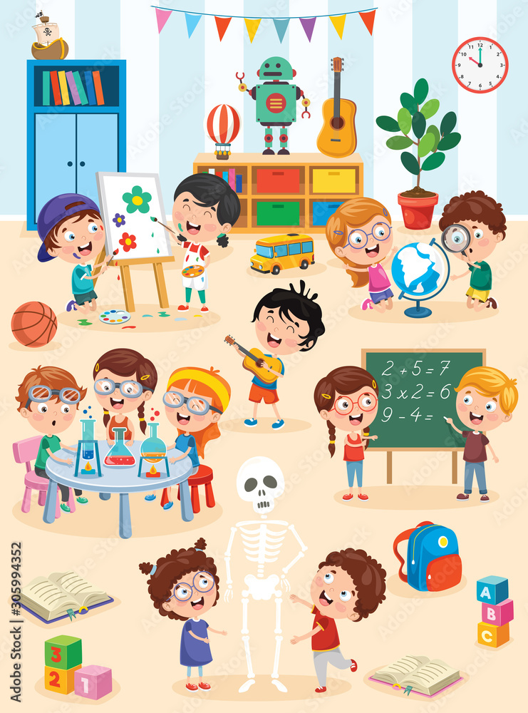 Little Children Studying And Playing At Preschool Classroom Little Children Studying And Playing At Preschool Classroom