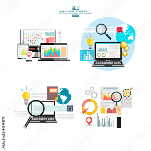 Set of flat design vector illustration concepts for search engine optimization and web analytics elements. Mobile app.