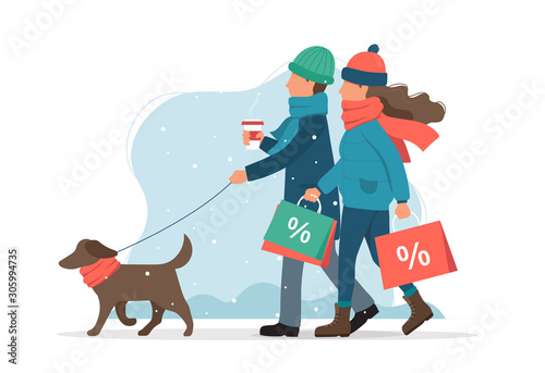 Man and woman with sales bags, walking the dog in winter. Cute vector illustration in flat style.