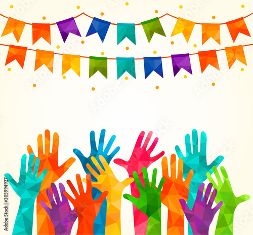 Colorful up hands. Vector illustration, an association, unity, partners, company,  friendship, friends background Volunteers celebration birthday celebration, dancing, disco dance joy fun corporate