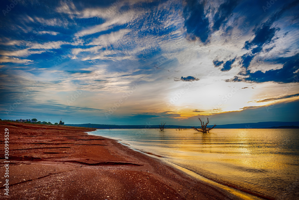 Beautiful sunset at Furnas Lake, Capiltolio - Minas Gerais, Brazil