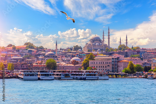 View on the Eminonu district and the Suleymaniye Mosque from the Bosphorus, Istanbul, Turkey