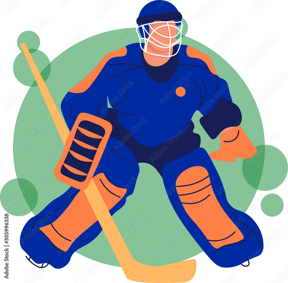 Ice hockey player flat vector illustration. Adult young man in uniform holding hockey stick cartoon character. Professional sportsman, team member in protective gear. Goalkeeper catching puck