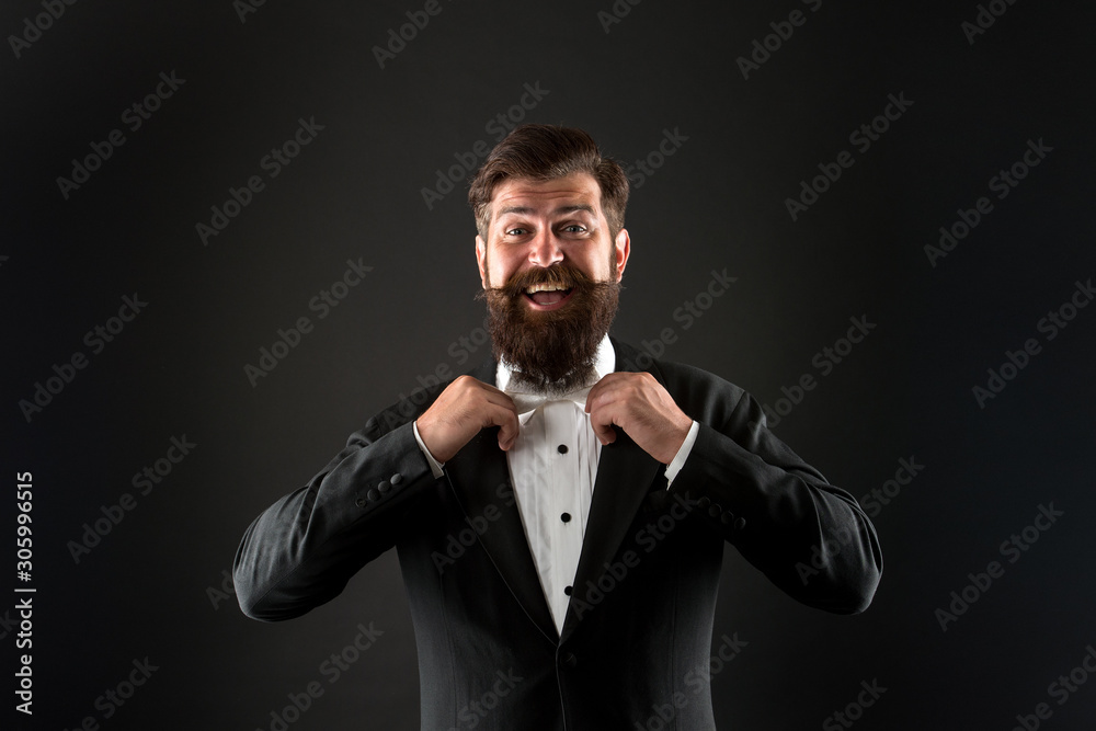 Classic and fashionable. Happy groom fix fashionable bow tie. Bearded man in fashionable prom style. Fashionable look of vogue model. Prom and wedding attire. Fashion and style Classic and fashionable. Happy groom fix fashionable bow tie. Bearded man in fashionable prom style. Fashionable look of vogue model. Prom and wedding attire. Fashion and style