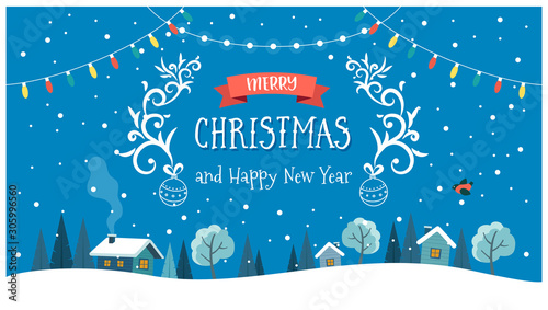 Christmas card with night landscape, text and hanging decorations. Cute vector illustration in flat style