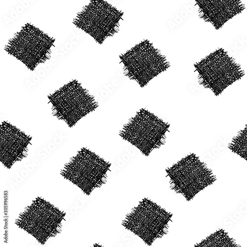 Abstract seamless pattern with black scribble squares. Pattern on white background. Vector hand drawn texture. Illustration for wrapping paper, textile print