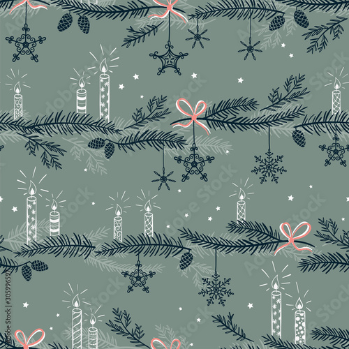Cute hand drawn seamless pattern with candles, branches and christmas decoration - x mas background, great for textiles, banners, wallpapers - vector design