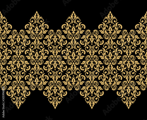 Wallpaper in the style of Baroque. Seamless vector background. Black and gold floral ornament. Graphic pattern for fabric, wallpaper, packaging. Ornate Damask flower ornament