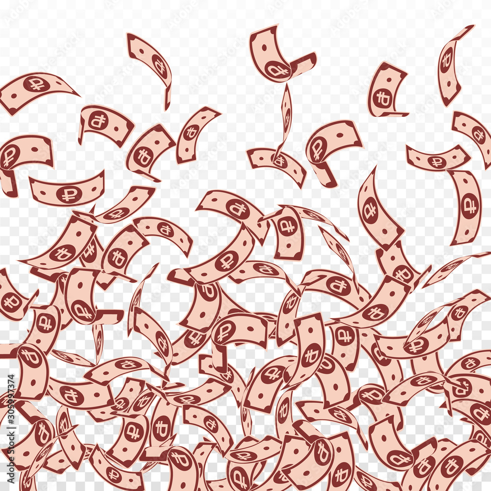 Russian ruble notes falling. Floating RUB bills on Russian ruble notes falling. Floating RUB bills on