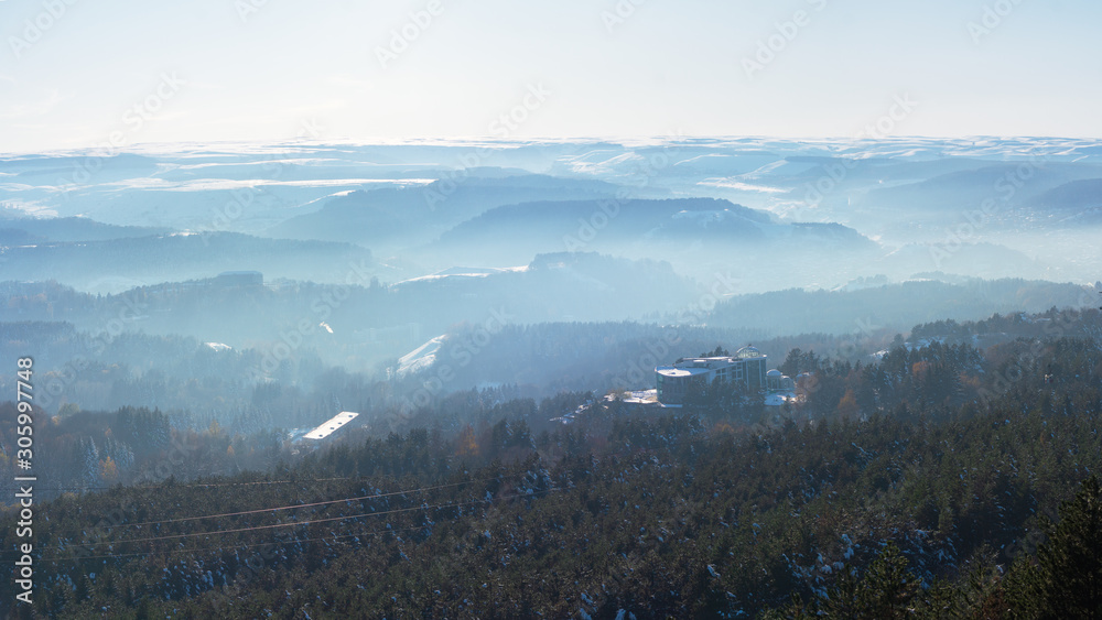 Fototapeta premium panoramic view of Kislovodsk in fog 