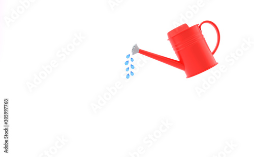 Red metal watering can with water drops isolated on red background. Mock up of empty stage.Space to place your text or object. 3D rendering.