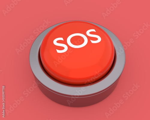 Red metall SOS button isolated on red bacgrjund. 3D rendering. 