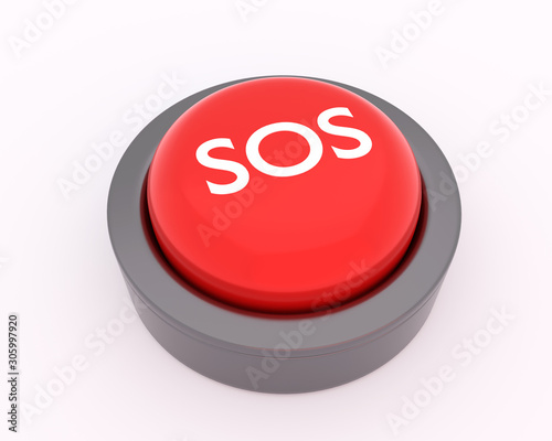 Red metal SOS button isolated on white background. 3D rendering.