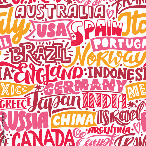 Lettering hand drawn seamless pattern with countries.