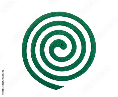 Top view of green spiral mosquito repellent coil isolated on white background and clipping path.