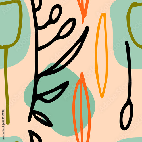 Abstract seamless pattern with hand drawn elements for surface design and other design projects. Floral motifs