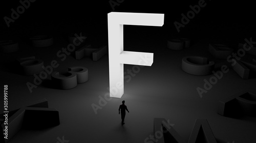 3D illustration of an illuminated letter F and a man standing in front of it © vexworldwide