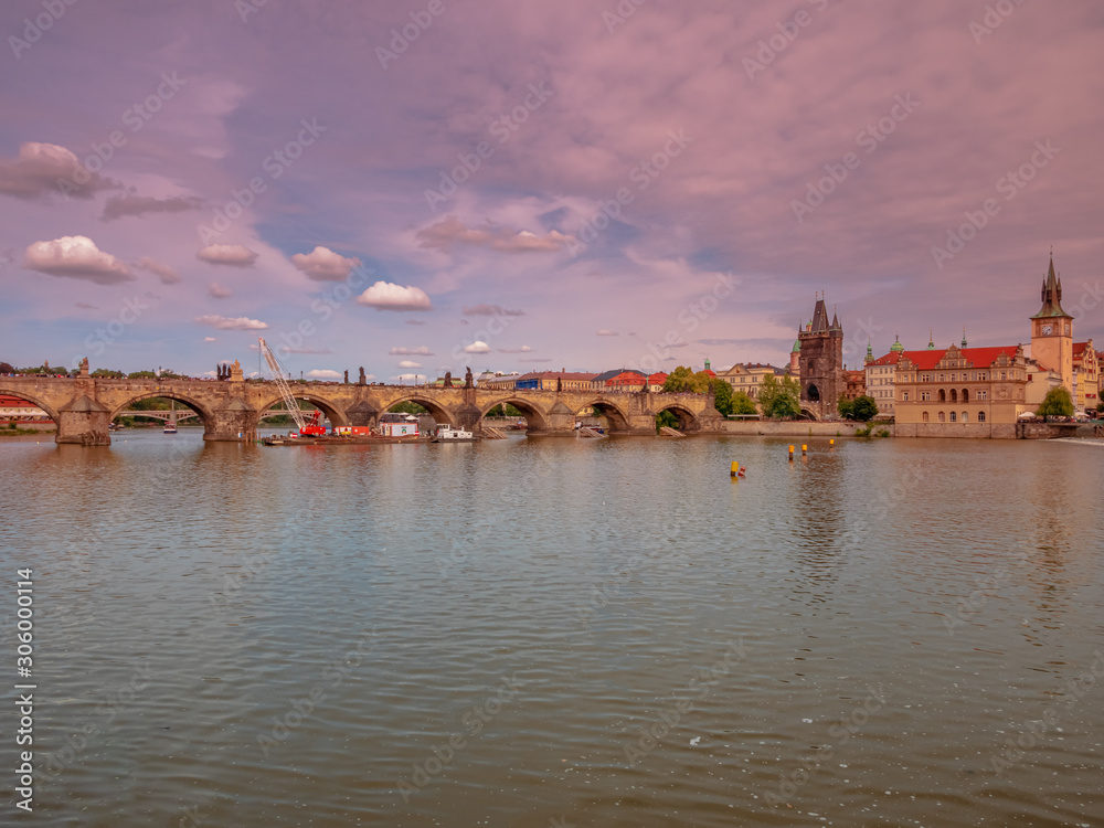 View from Boat to Old Town of East Europe Prague City with stunning sky sunset