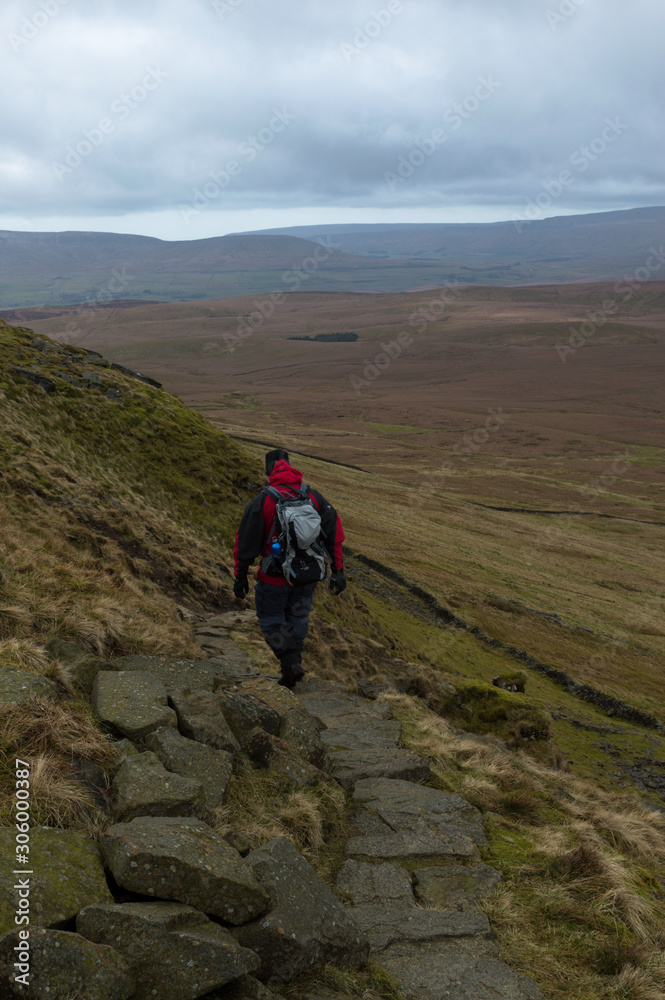 A walker looking out over Pen-y-ghent Valley in the Yorkshire Dales
