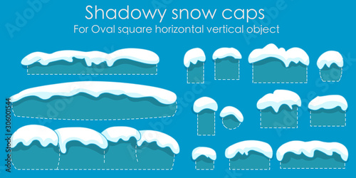 Snow caps  isolated, set. snow icicles,  For text, font, home, oval, square, convex. Smooth shadowy cartoon editable snowy elements on winter. Silhouette back. Clean Blue background. Vector