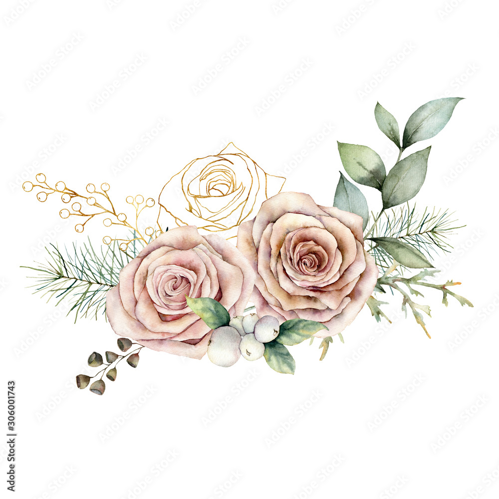 Watercolor Christmas card with pink and golden roses. Hand painted floral vintage flowers, seeds and branches isolated on white background. Holiday illustration for design, print or background.