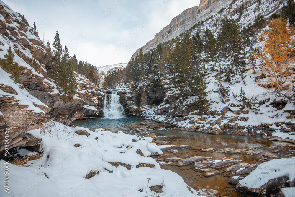 Ordesa National Valley in snowy autumn, located in Pyrenees Spain Ordesa National Valley in snowy autumn, located in Pyrenees Spain