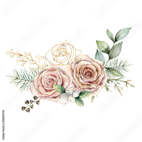 Watercolor Christmas card with pink and golden roses. Hand painted floral vintage flowers  seeds and branches isolated on white background. Holiday illustration for design  print or background.