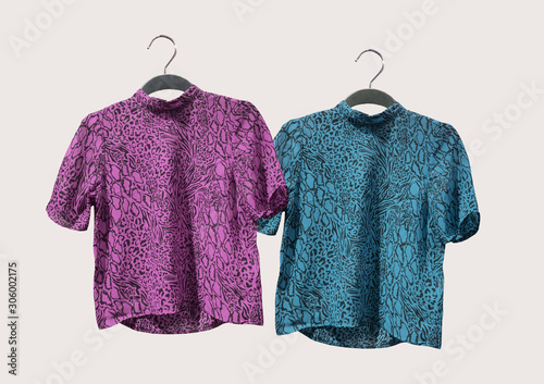 Papier peint Elegant pink and blue animal print chiffon woman blouses on hangers isolated on beige background