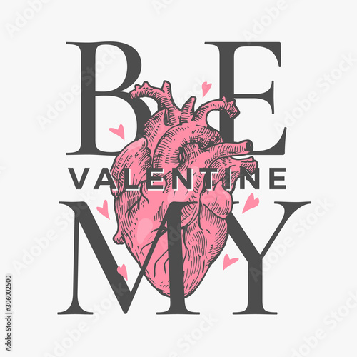 Valentines Day Abstract Vector Greeting Card, Apparel Illustration, Poster or Holiday Background. Hand Drawn Pink Anatomical Heart and Sassy Bold Typography. Trendy T-shirt Design Template.