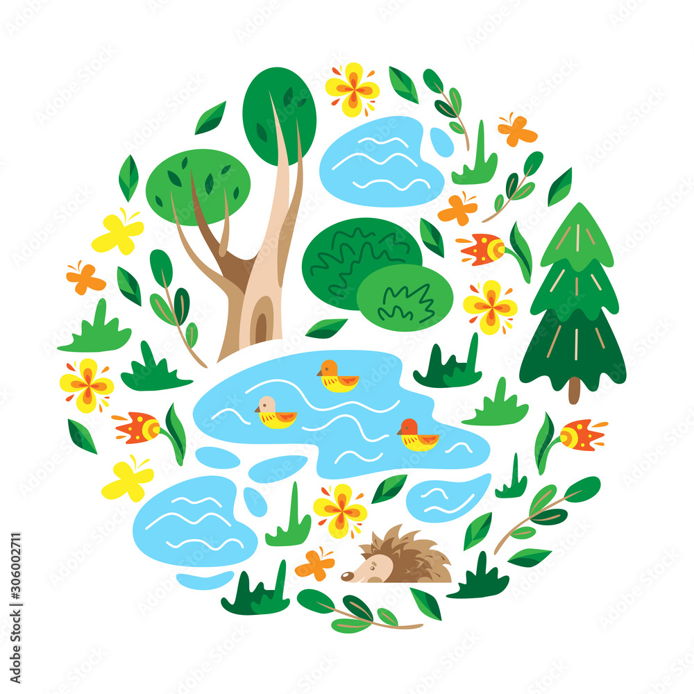 Naklejka premium Wild animals in the forest. Summer. Children's illustration. Vector. Doodle style