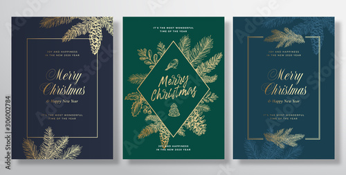 Christmas Abstract Vector Greeting Cards, Posters or Holiday Backgrounds Bundle. Classy Colors and Gold Gradients Set. Soft Shadows and Sketch Fir-needles Pine Twigs with Strobile.