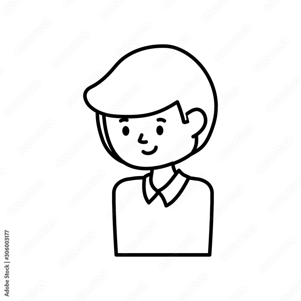 young man cartoon character portrait on white background thick line
