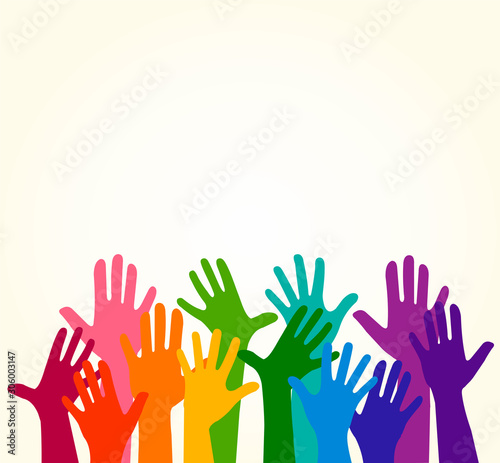 Colorful up hands. Vector illustration, an association, unity, partners, company, friendship, friends background Volunteers celebration birthday celebration, dancing, disco dance joy fun corporate