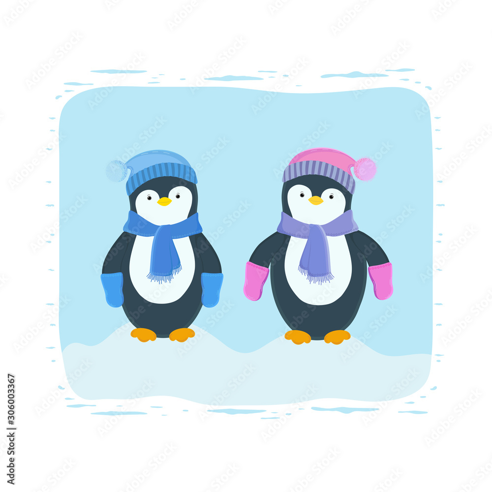 Fototapeta premium Vector illustration of two baby penguins in winter season, wearing a cap, a scarf and mittens, staying in a snowdrift. Happy New Year. Winter card. New Year card. Print design. Winter character.