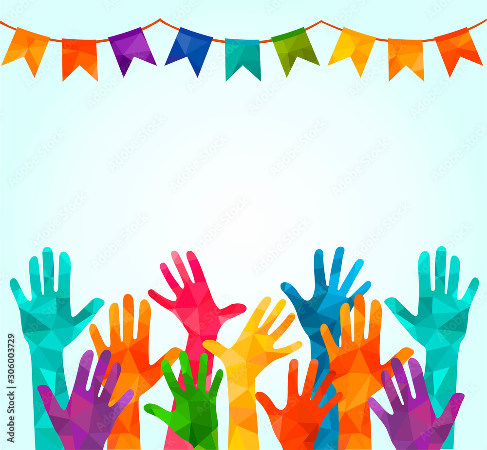 Colorful up hands. Vector illustration, an association, unity, partners, company, friendship, friends background Volunteers celebration birthday celebration, dancing, disco dance joy fun corporate