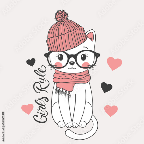 Cute cat girl with pink knitted cap, scarf, glasses. Girls Rule slogan. Cartoon vector illustration for t-shirt graphics, fashion prints and other uses