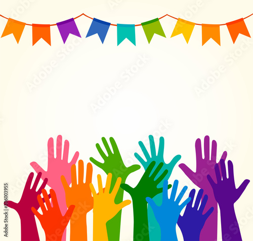 Colorful up hands. Vector illustration, an association, unity, partners, company, friendship, friends background Volunteers celebration birthday celebration, dancing, disco dance joy fun corporate