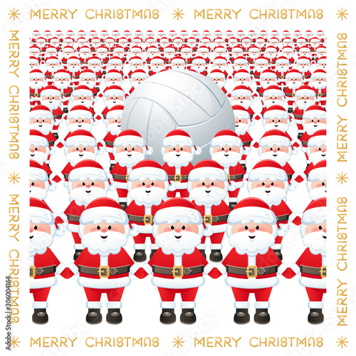 Merry Christmas. A huge group of Santa Claus with a Volleyball ball. Funny sports greeting card. Vector illustration.