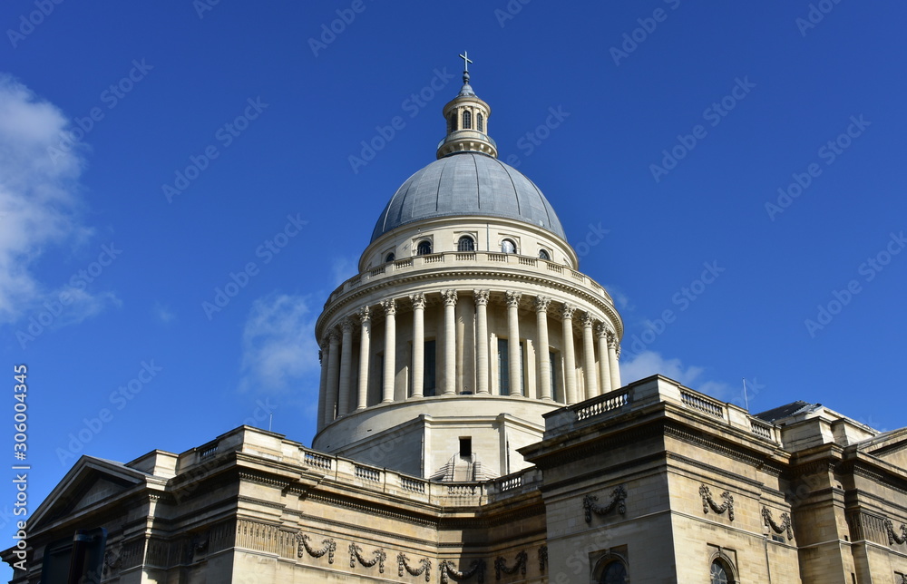 The Pantheon with blue sky. Dome close-up. Paris, France.