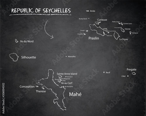 Seychelles map with names of Seychelles islands,  design card blackboard chalkboard vector