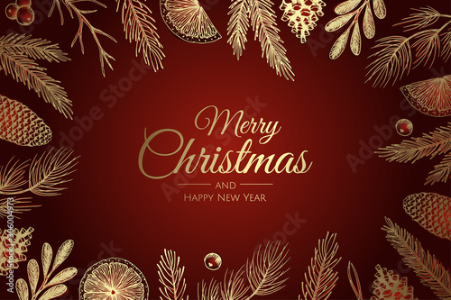 Merry Christmas and Happy New Year. Xmas background with winter plants