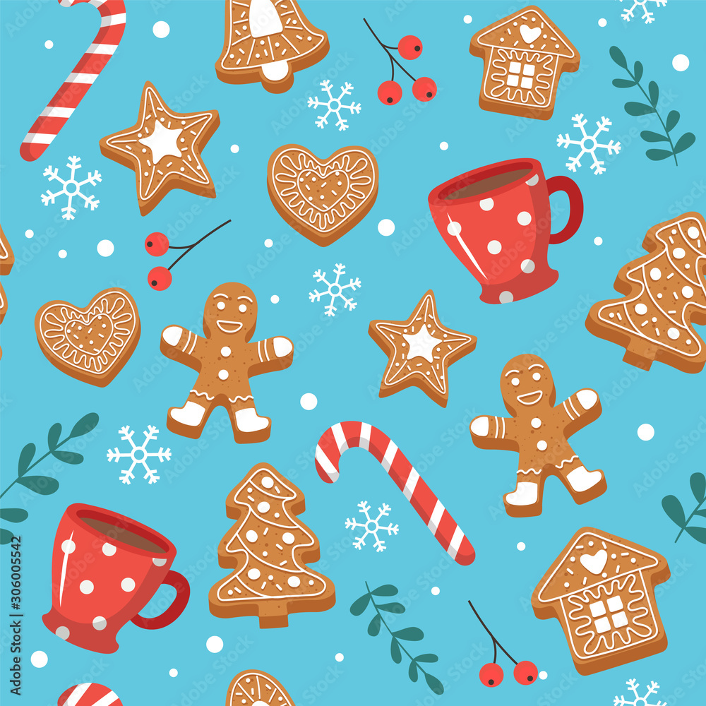 Christmas pattern with gingerbread cookies, cups and candy cane. Cute elements. Vector illustration in flat style