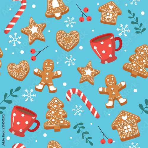 Christmas pattern with gingerbread cookies, cups and candy cane. Cute elements. Vector illustration in flat style