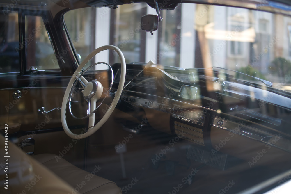 Fototapeta premium Interior view of classic vintage car.