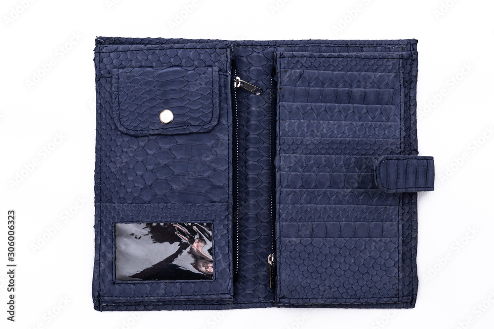 Fashion luxury snakeskin python wallet isolated on a white background.