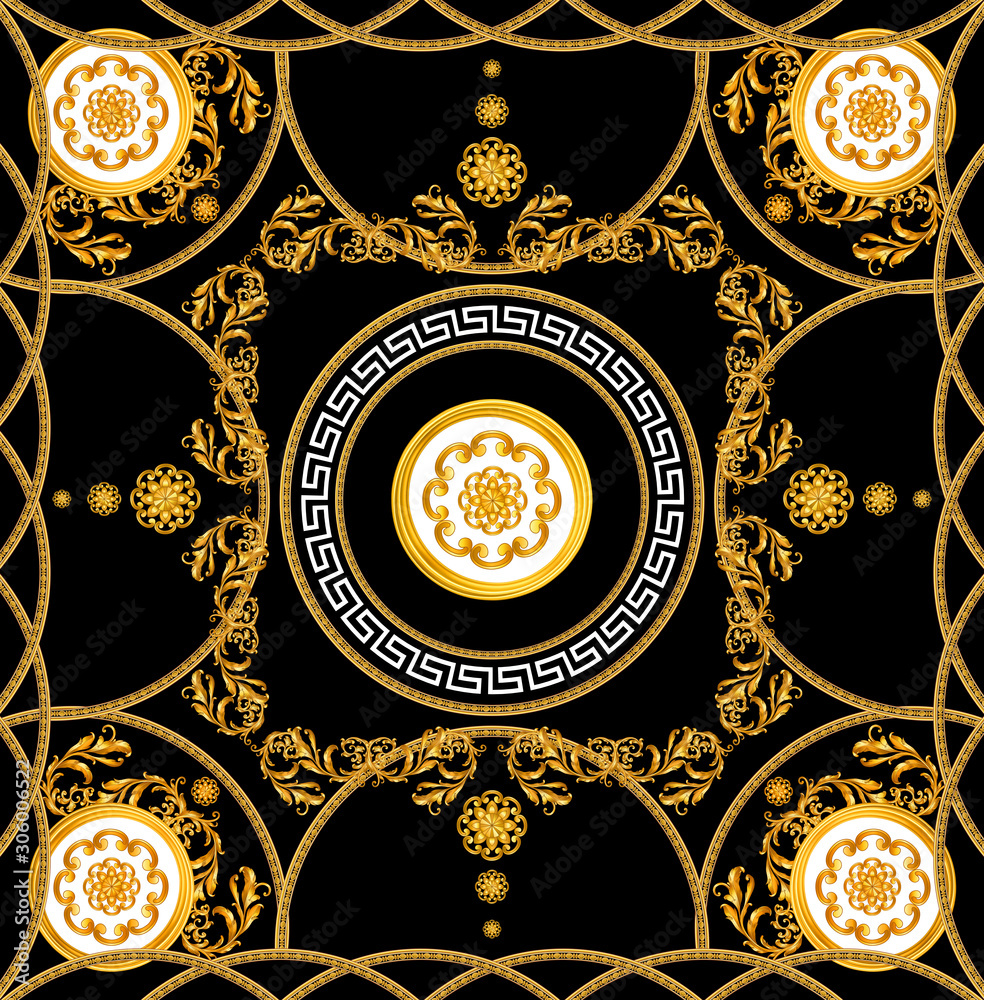 Versace Style Pattern Ready for Textile. Scarf Design for Silk Print.  Golden Baroque with Chains on Black Background. Stock Illustration