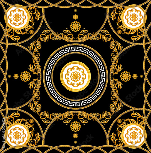 Plakat Versace Style Pattern Ready for Textile. Scarf Design for Silk  Print. Golden Baroque with Chains on Black Background. - streszczenie,  starodawny, sztuka, fototapety | Foteks