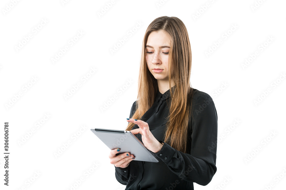 Woman business technology theme. Beautiful young caucasian woman in black shirt posing standing with tablet hands on white isolate background. Profession Marketer Sales Social Media Advertising Woman business technology theme. Beautiful young caucasian woman in black shirt posing standing with tablet hands on white isolate background. Profession Marketer Sales Social Media Advertising
