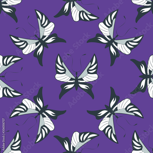 Abstract seamless pattern. White butterfly on violet background vector illustration. For textile  fabric  fashion  wrapping paper  wallpaper  cards  web  background design.